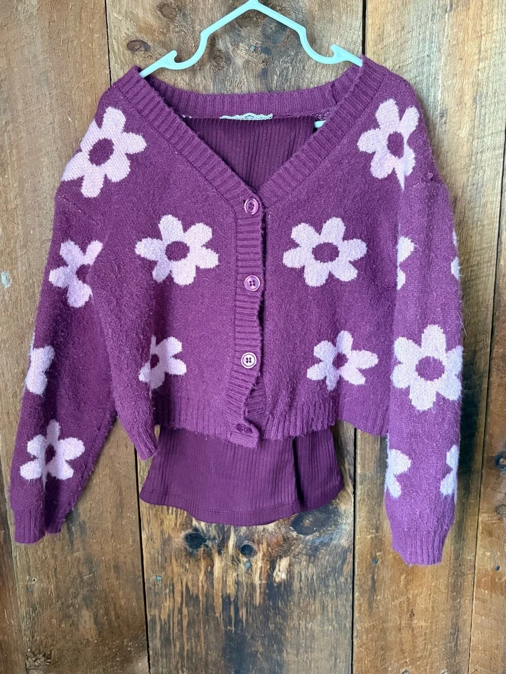 btween Purple Cardigan with Pink Daisy Pattern